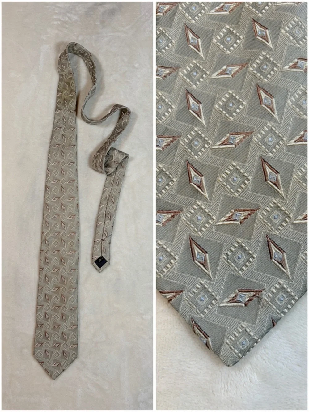 Ermenegildo‎ Zegna Men's Geometric Beige Brown White 100% Silk Satin Tie